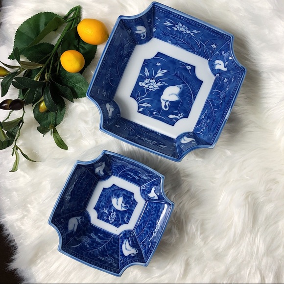 Set of Two Asian Porcelain Bowls, Cranes & Flora - Picture 1 of 5